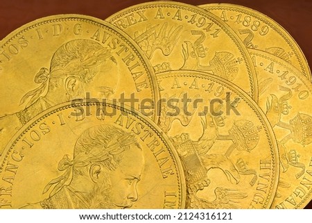 Bulk of 4 ducats gold coins, Franc Ios, old coins, various years Photo stock © 