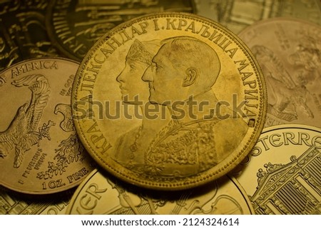 Gold Ducat King Aleksandar of Yugoslavia and Queen Marija, gold coin Photo stock © 