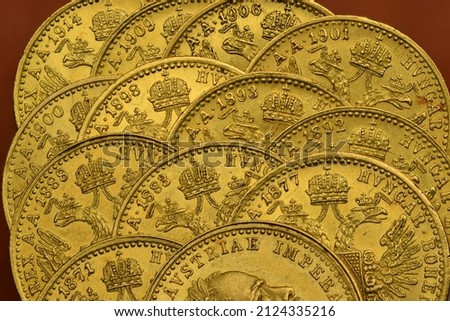 Gold Ducats Franc Ios stack, various years, old coins, Austria Photo stock © 