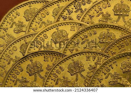Old gold ducats Franc Ios, stack, various years, old coins numismatics Photo stock © 