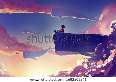 digital art painting of little girl on huge whale flying, acrylic on canvas texture, storytelling illustration Foto d'archivio © 