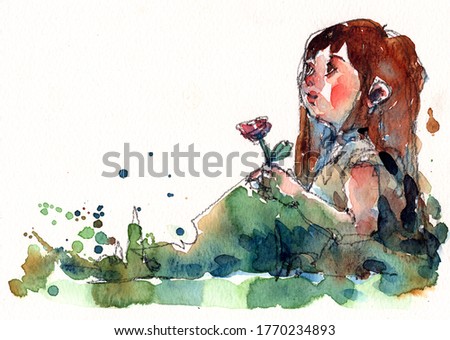 watercolor painting of little girl sitting in grass outdoors, hand drawn on paper illustration scanned