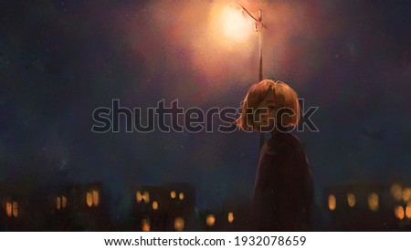 digital art painting of girl walking alone at night, oil on canvas texture. Stock foto © 