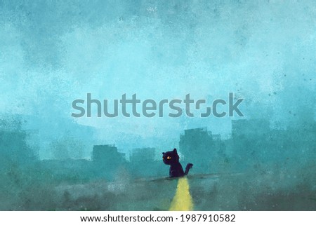 digital watercolor illustration painting of black cat in the road.