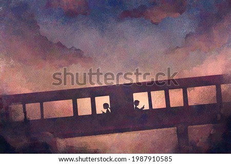 digital watercolor illustration painting of boy and girl with smartphone walking converse on walkway.