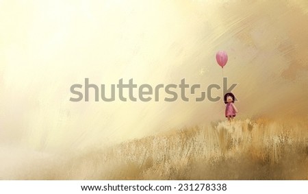 watercolor painting of girl with balloon in the summer outdoor, digital painting