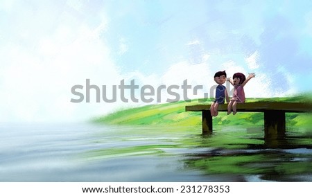 watercolor painting of boy and girl on the waterfront, digital painting