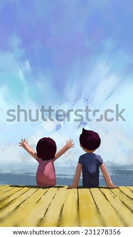 watercolor painting of boy and girl on the waterfront, digital painting