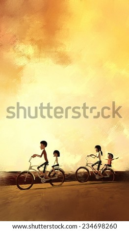 watercolor of family on cycle ride in summer, digital painting