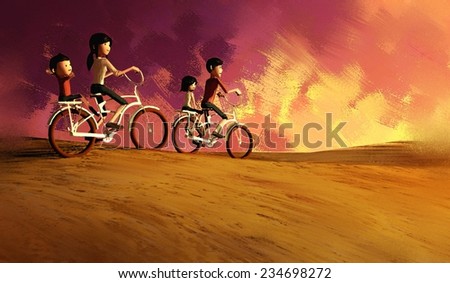 watercolor of family on cycle ride in summer, digital painting