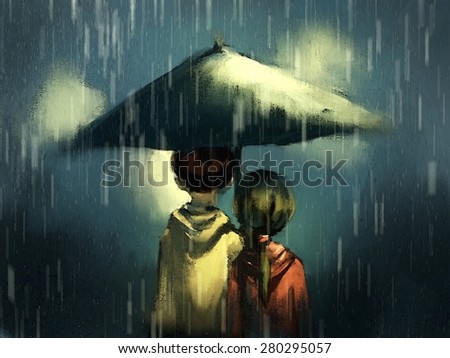 Couple walking in rainy, watercolor illustration