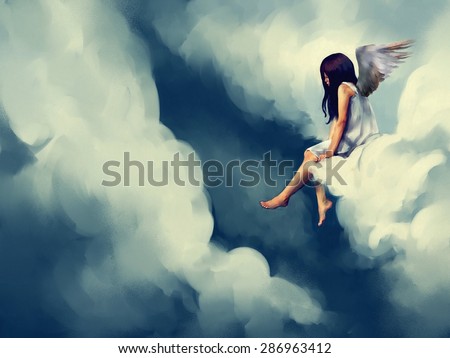 painting of Beautiful angel sitting on a cloud