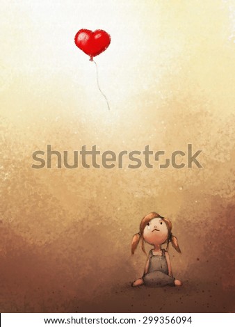 digital painting of sad girl loosing heart balloon, watercolor on paper texture