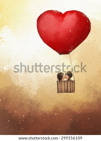 digital painting of couple kissing in hot air balloon heart shaped, watercolor on paper texture