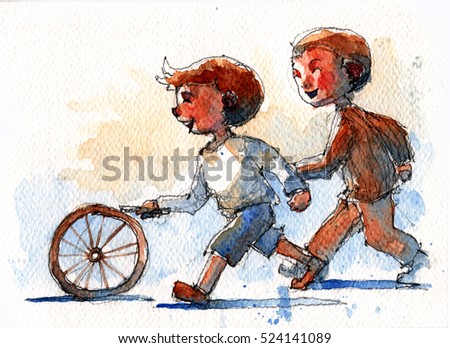watercolor illustration of two boys playing with old bicycle wheel, handmade traditional artwork scanned