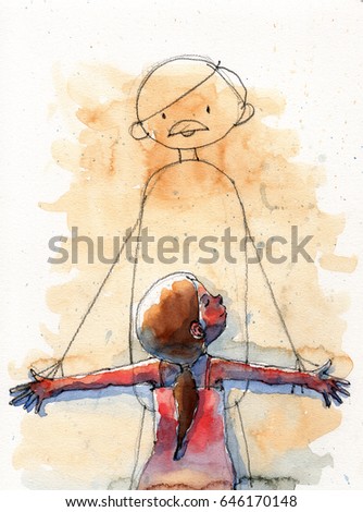 watercolor illustration of girl hugging daddy cartoon image on the wall, handmade traditional artwork scanned