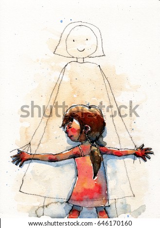 watercolor illustration of girl hugging mom cartoon image on the wall, handmade traditional artwork scanned