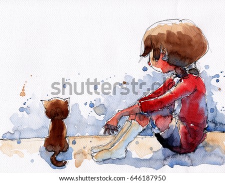 watercolor illustration of girl sitting with her cat, handmade traditional artwork scanned