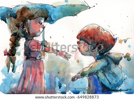 watercolor illustration of girl holding umbrella in front of the boy, handmade traditional artwork scanned