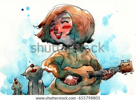 watercolor illustration of girl playing small guitar and singing with kitten and mousy, handmade artwork scanned
