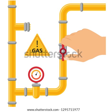 Opening or closing the gas pipeline gate, pipeline with valve and manometer. Arm opens or closes pipeline valve, gas pipe shut off. Vector illustration.