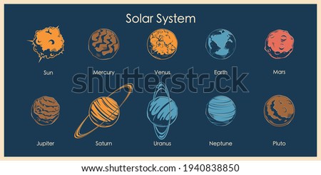 Icons planets of the solar system in retro style. Collection of planets in solar system, astronomical observatory: Mercury, Venus, Earth, Mars, Jupiter, Saturn, Uranus, Neptune, Pluto.
