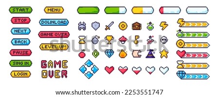 Pixel game menu resources, level, live bars and buttons. Game interface, pixelated life bar and menu button, game controller arrows, pixel art gaming magic items, button 8 bit pixel. 