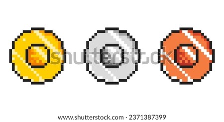 Set of pixel coins gold, silver and bronze.