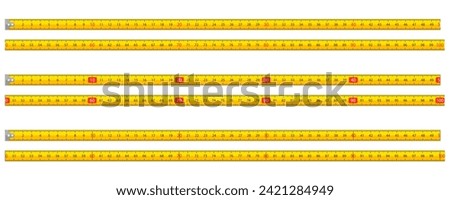 Measurement tape for carpentry, yellow ruler with scale metric. Carpenter measuring tape, metric tape measure.