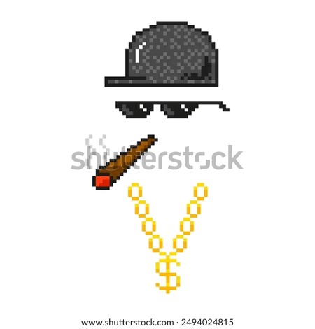 Boss pixel attributes, bandit pixel glasses, gangster gold chain, cap and a cigar. The life of a thug boss.