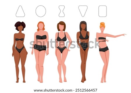 Five types female body figures, women shapes: hourglass, triangle, inverted triangle, rectangle, rounded.