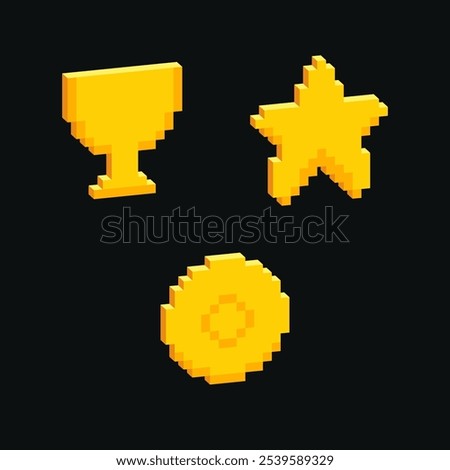 Set of 3d pixel icons, Y2k collage sticker. 8-bit 3d vector illustration coin, cup, star.