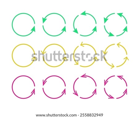 Circular rotation loading elements. Circle arrows are symbol of repeat and reboot. Round rotate arrows redo and reload symbol.