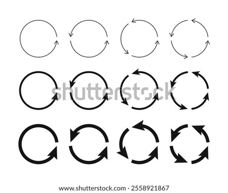 Circular rotation loading elements, circle arrows, rotate arrow and spinning loading symbol. Round rotate arrows redo and reload symbol.