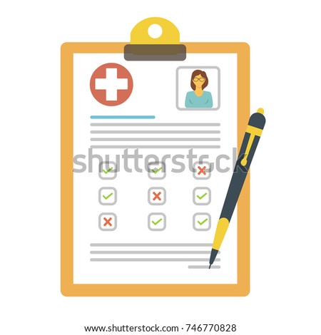 Health insurance form. Vector illustration document: clinical record, prescription, medical check marks report in a flat style isolated on background. 