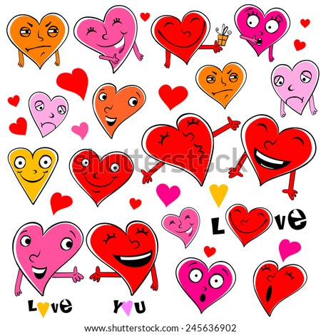 Emotional cartoon hearts illustration isolated on white, expressing different emotions.