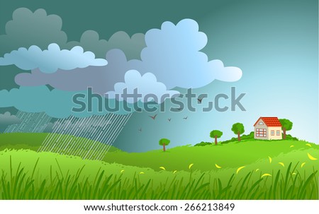 Dramatic landscape with approaching a storm and a rain on a small house.