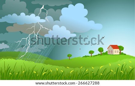 Dramatic landscape with approaching a storm and a rain on a small house.