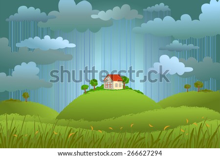 Landscape with the small house in rainy day, a vector illustration.