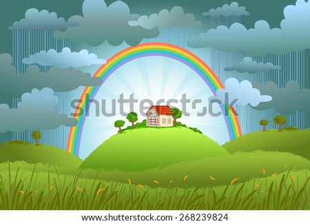 The rainbow protects the small house from a rain and bad weather. conceptual illustration.