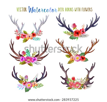 Vector watercolor deer horns with flowers.