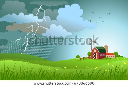 Dramatic landscape with approaching a storm and a rain with lightnings on a small farm.
