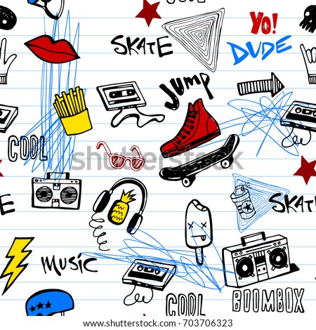 Stylish graphic seamless background in youth style of hipsters or emo teens doodles