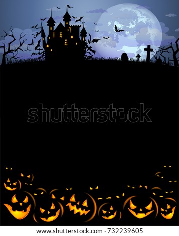 Halloween background with scary pumpkins, Dracula castle and various silhouettes of flying bats against full moon