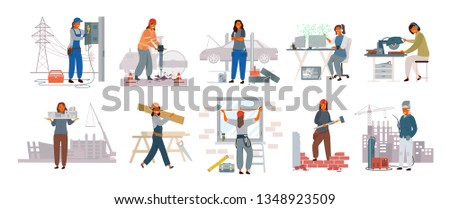 Collection of smiling modern women  who work as electricians, builders, welders, programmers, mechanics, architects. Profession, occupation or job set. Colorful vector illustration in flat  style.