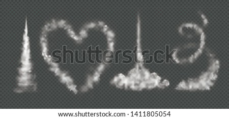 A set of smoke on a transparent background, from the take-off of a rocket or the flight of an airplane. Curly smoky trace, smoke in the shape of a heart.