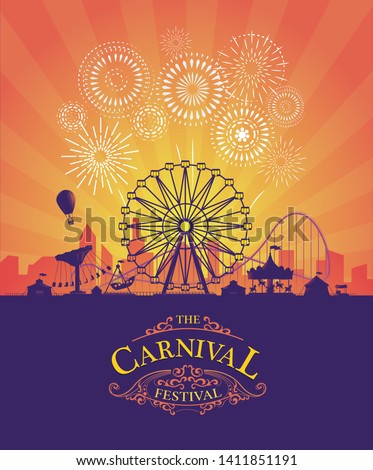 Vector background of amusement park. Poster design  invitation of  the carnival funfair and amusement with sunset. Ferris wheel, roller coaster and carousel festive parks attractions. 商業照片 © 