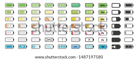 Battery charge indicator icons.  Indicator of charging empty batteries and low battery power icon. Icons set for design of the interface of smartphone, tablet and other devices. Vector illustration.
