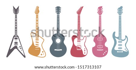 Flat guitars. Acoustic guitar, electric guitar on white background. Isolated stylish art. Vector set. Stock foto © 