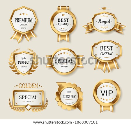Gold labels set, glossy labels. Realistic elegant sale frame badge and label vector collection. Luxury royal design vector illustration.